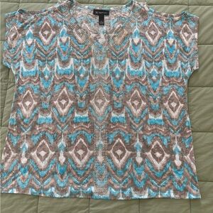 INC International Concepts Cold Shoulder Women's Teal and Grey Patterned Blouse